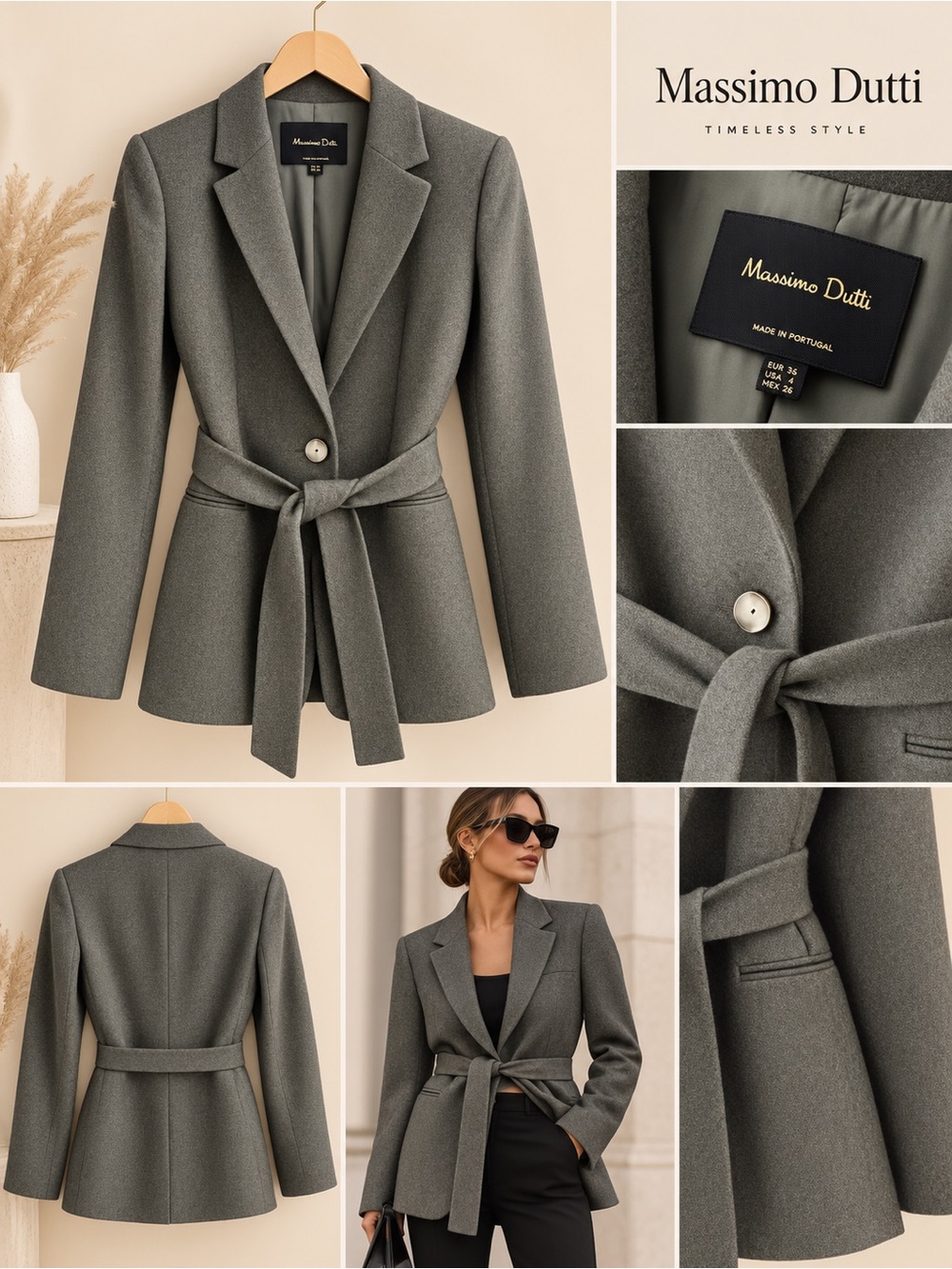 Massimo Dutti Olive-Green Belted Wool-Blend Blazer 🍁